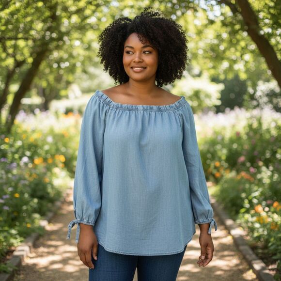 Liz Claiborne 100% Lyocell light wash denim Blouse top. Size XL Blue - Picture 1 of 7